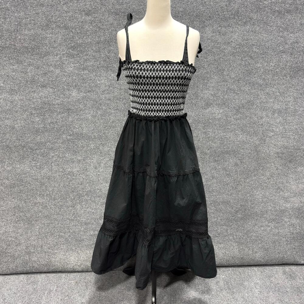 Peter Som Dress Womens XL Black Smocked Square Neck Tiered Midi Sundress Boho